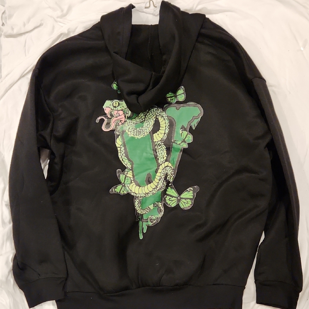 Black Hoodie with Green Snake and Butterfly Design